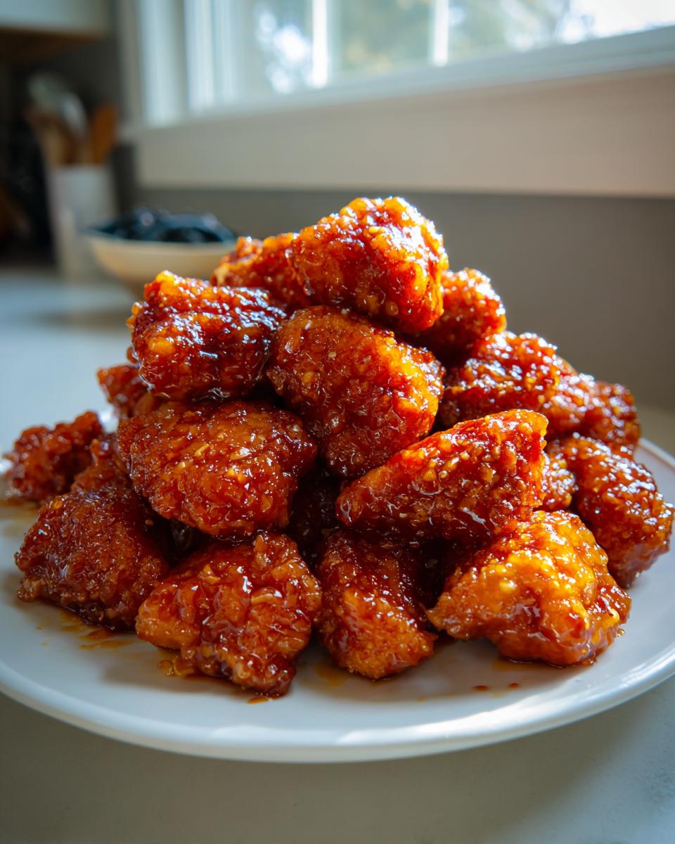 A pile of crispy, glazed pieces of orange chicken recipe piled high on a white plate.