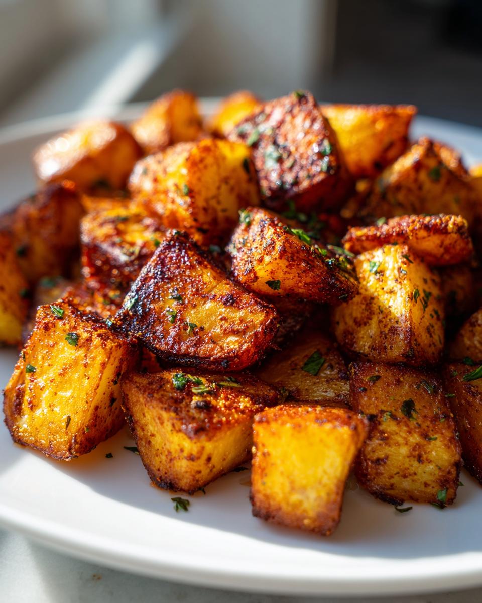 Close-up of perfectly crispy, golden brown breakfast potatoes seasoned with spices and topped with parsley.