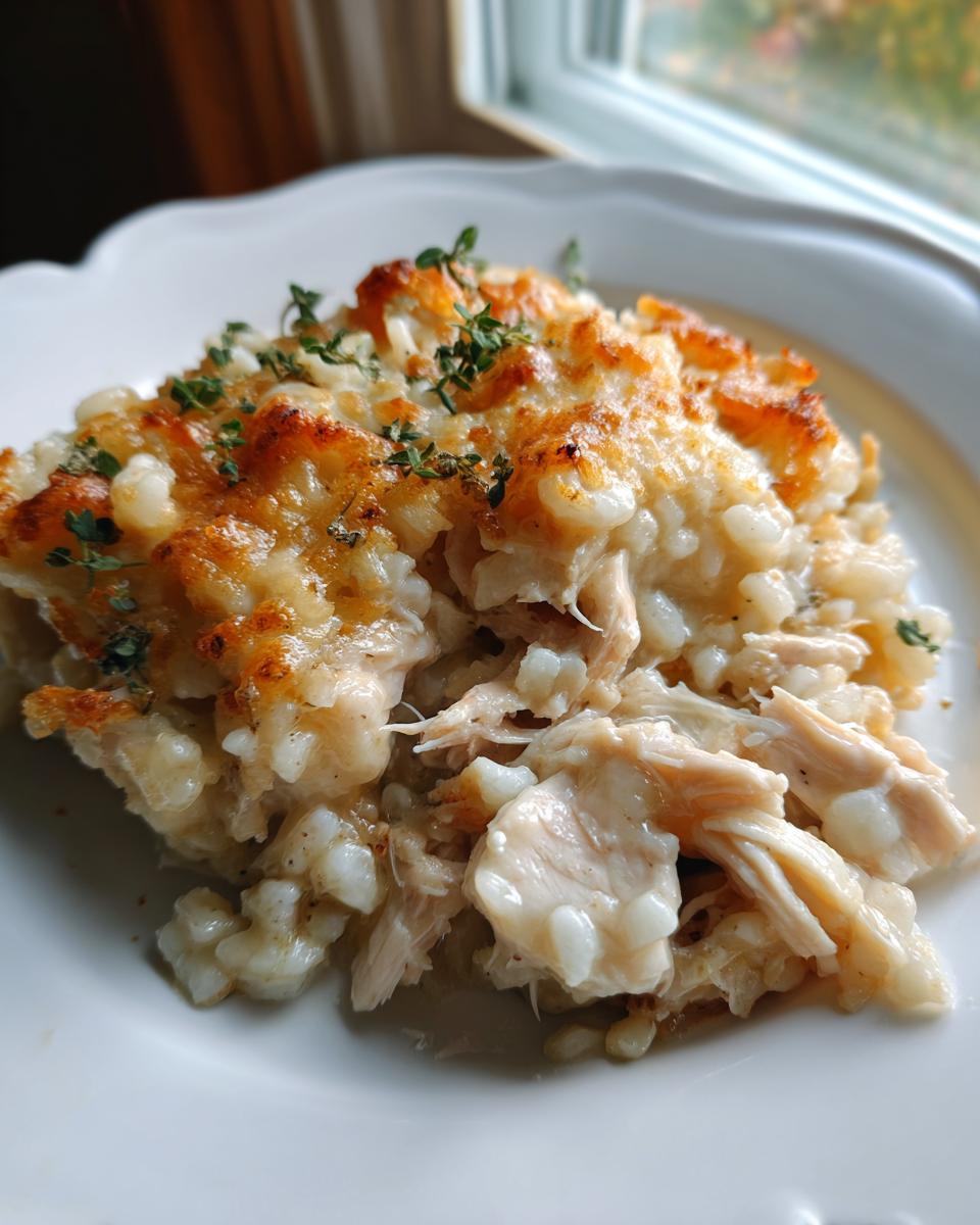 A close-up serving of creamy crock pot chicken and rice topped with melted, browned cheese and fresh thyme.