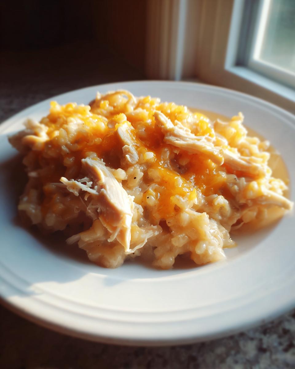 A serving of creamy crock pot chicken and rice topped with melted cheddar cheese on a white plate.