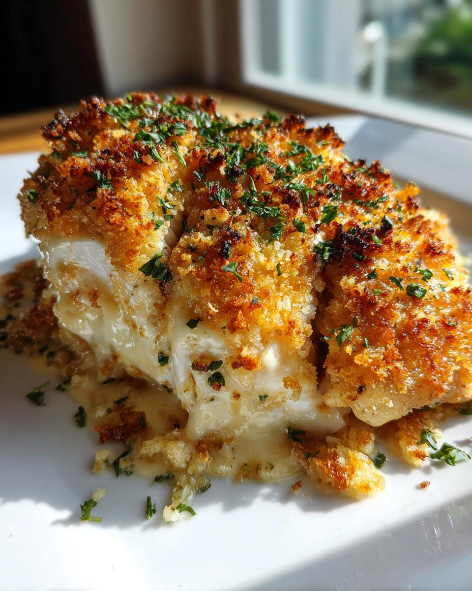 Close-up of a piece of crusted caesar chicken oozing a creamy sauce, topped with parsley.
