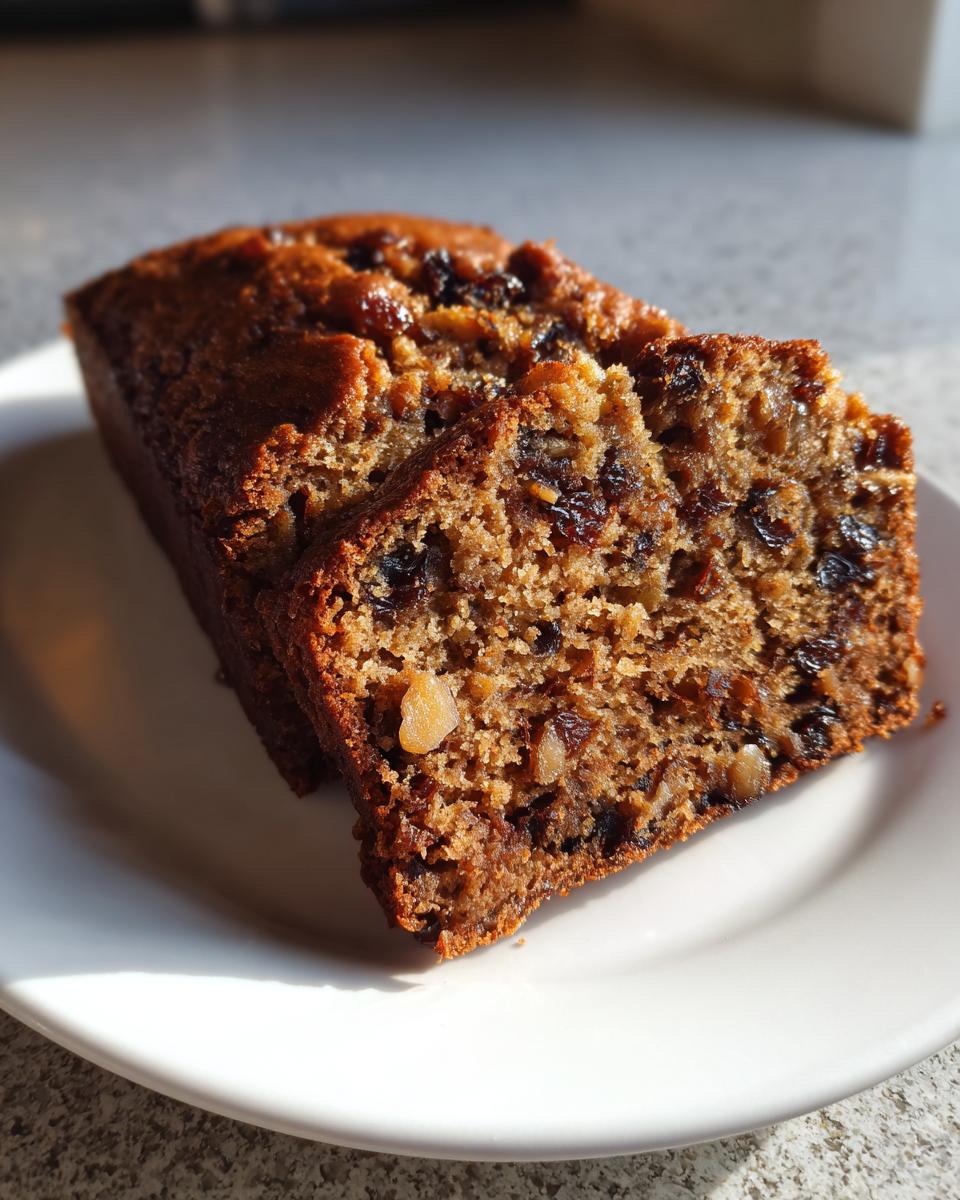 Two slices of moist date nut bread showing visible raisins and walnuts on a white plate.