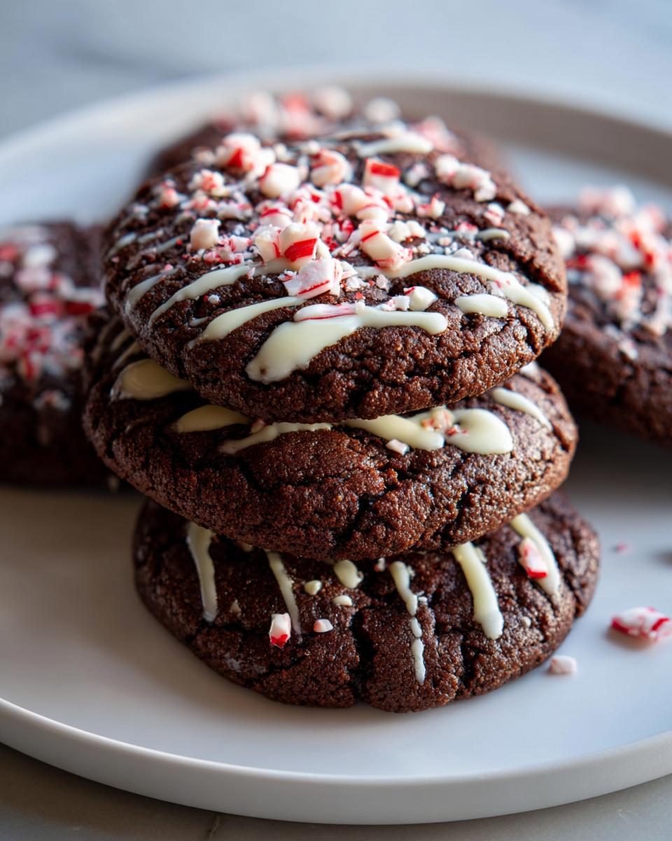 A stack of three fudgy double chocolate peppermint cookies drizzled with white chocolate and topped with crushed candy canes.