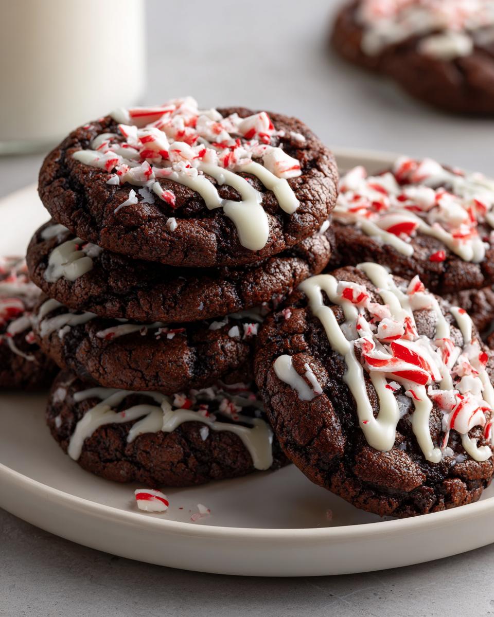 A stack of fudgy double chocolate peppermint cookies drizzled with white chocolate and topped with crushed candy canes.