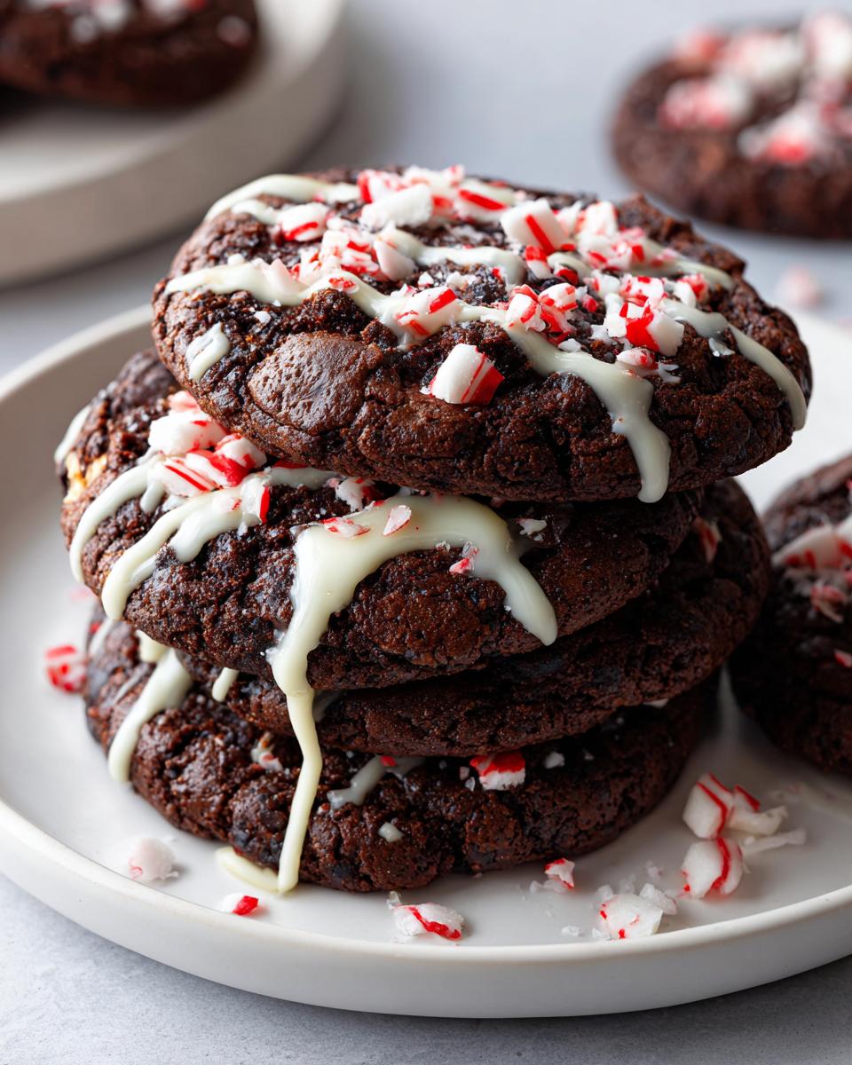 A stack of three fudgy double chocolate peppermint cookies drizzled with white chocolate and topped with crushed candy canes.