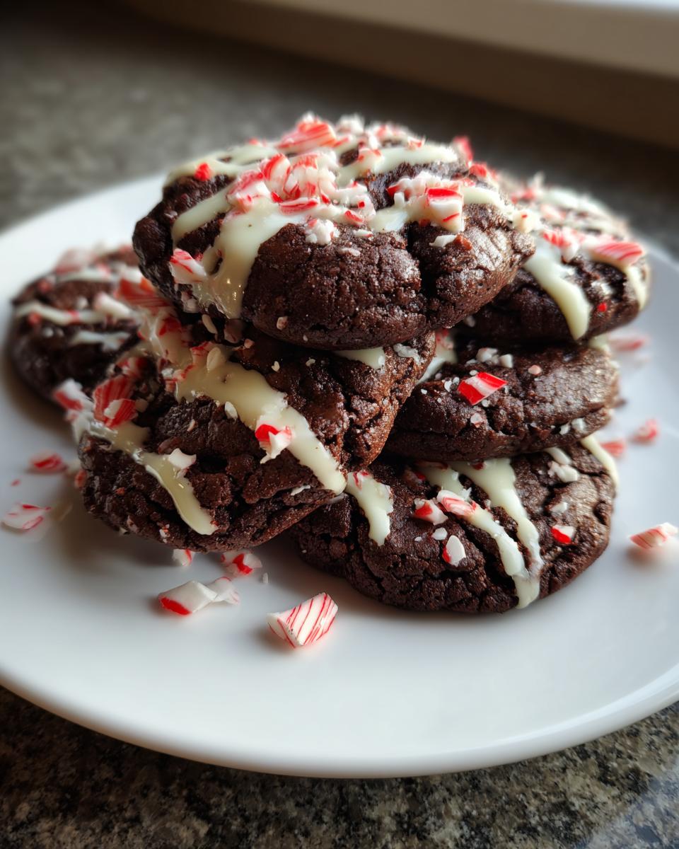 A stack of fudgy double chocolate peppermint cookies drizzled with white chocolate and topped with crushed candy canes.