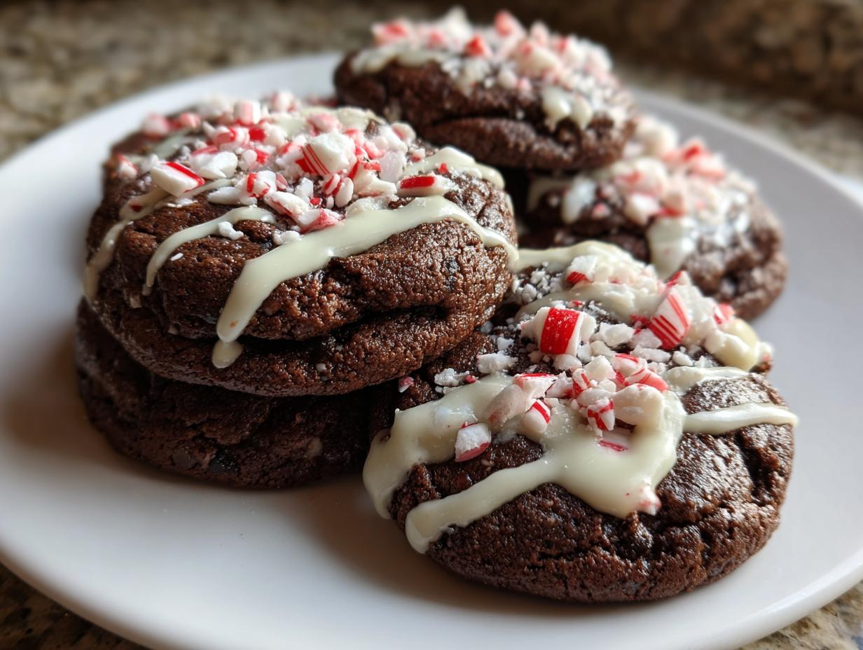 A stack of fudgy double chocolate peppermint cookies drizzled with white chocolate and topped with crushed candy canes.