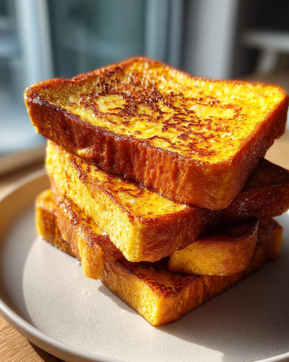 A tall stack of thick, golden brown easy french toast slices glistening on a light plate.