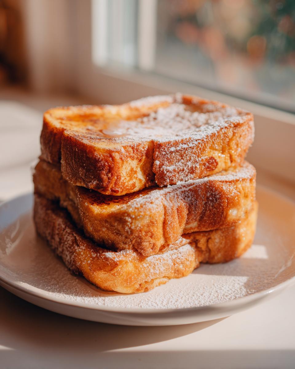 A stack of three thick slices of golden brown easy french toast dusted generously with powdered sugar.
