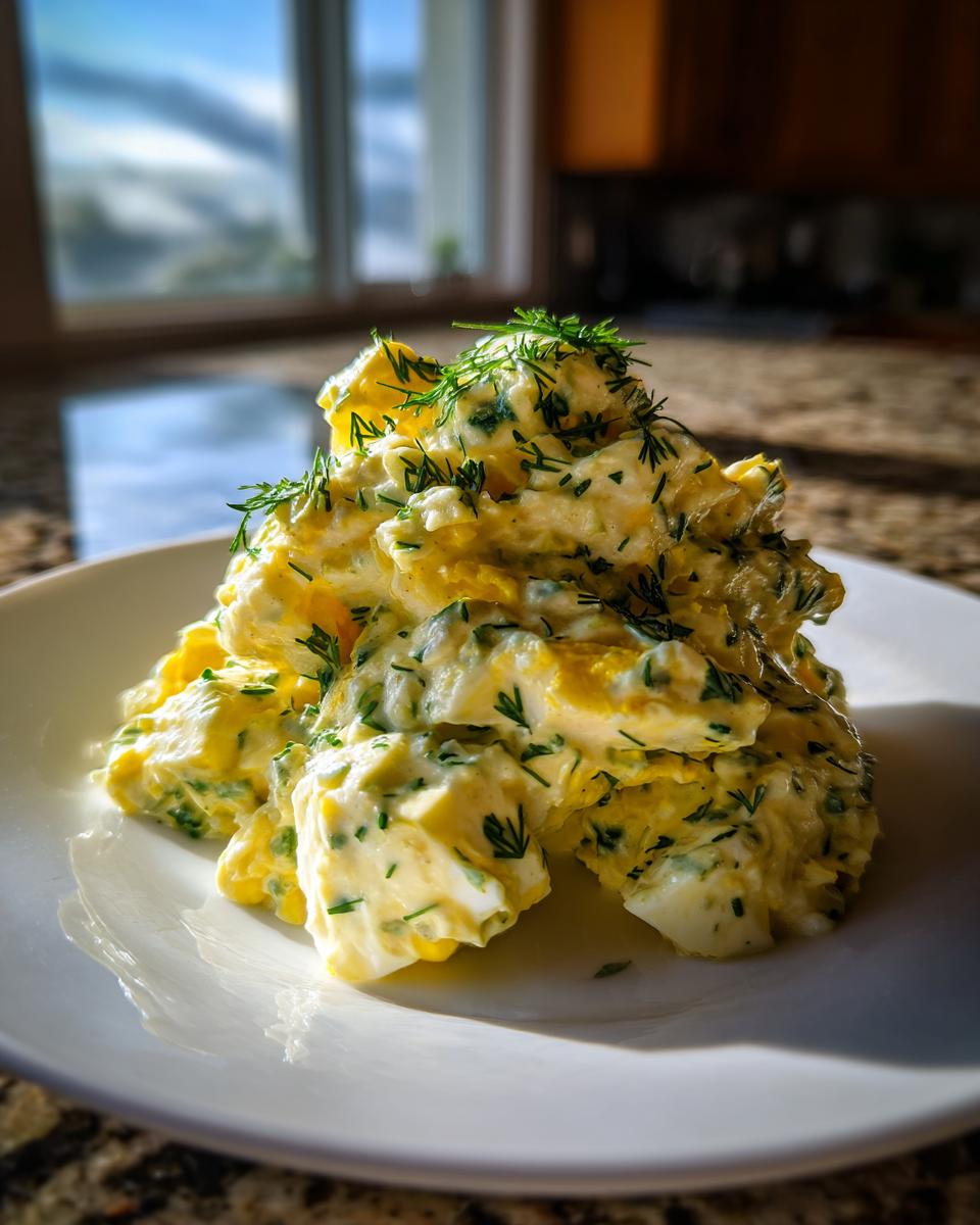 A mound of creamy egg salad recipe, generously topped with fresh green dill, served on a white plate.