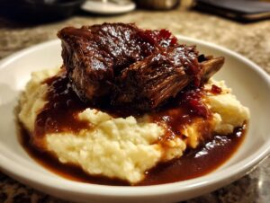 A close-up of tender braised short ribs served over creamy mashed potatoes with rich brown sauce.