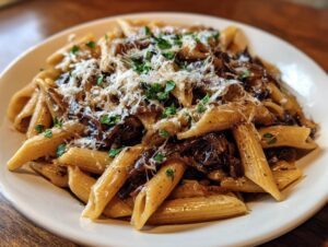 Close-up of a white plate featuring rich french onion pasta tossed with penne, caramelized onions, and topped with grated cheese and parsley.
