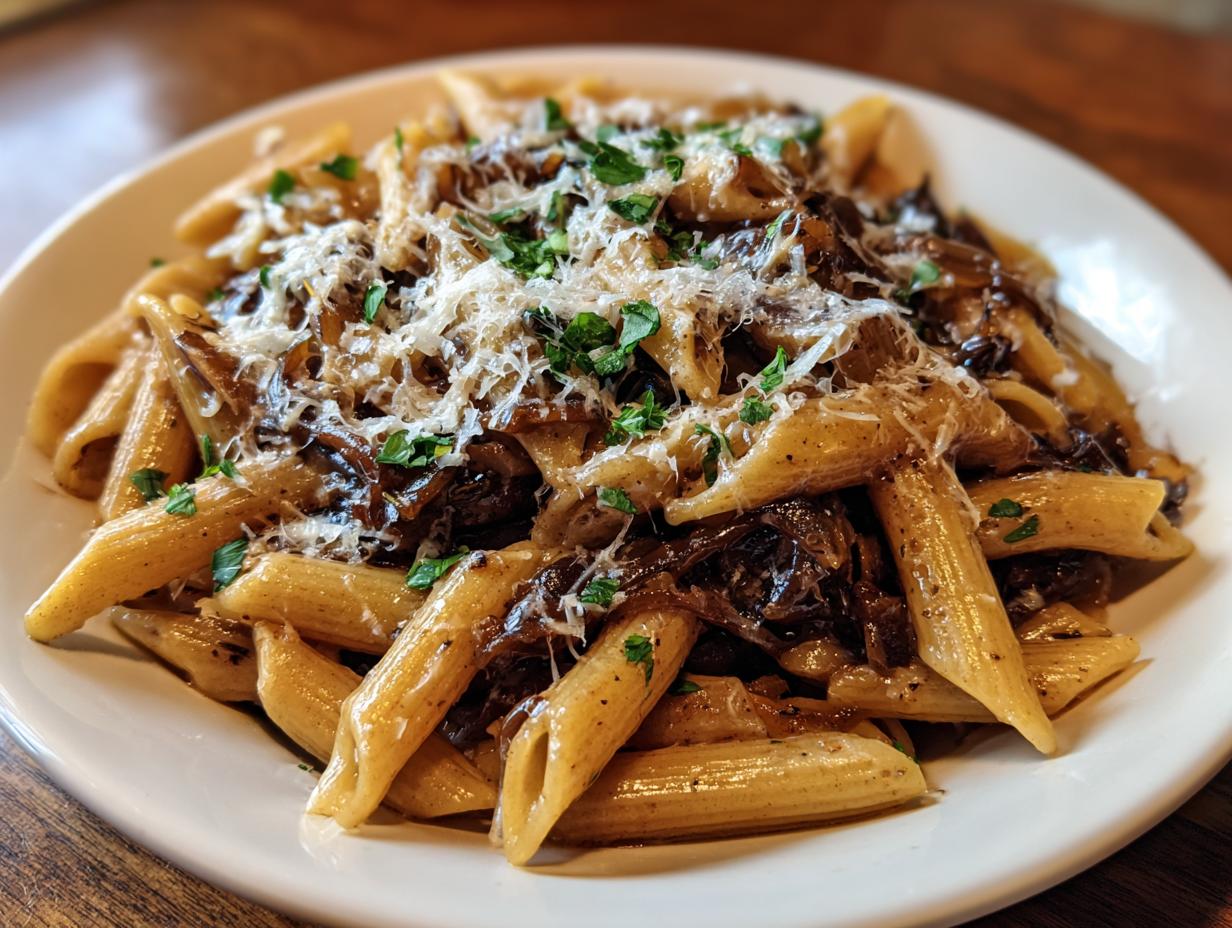 Close-up of a white plate featuring rich french onion pasta tossed with penne, caramelized onions, and topped with grated cheese and parsley.