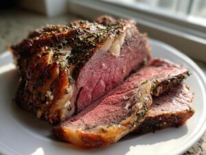 Close-up of a beautifully roasted prime rib recipe, sliced to show medium-rare interior and herb crust.