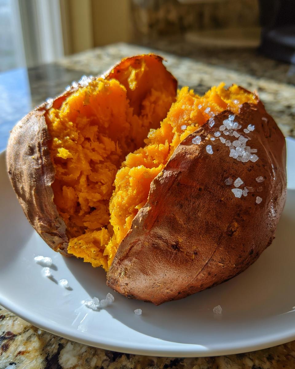 A perfectly baked sweet potato split open, showing fluffy orange flesh and topped with coarse sea salt.