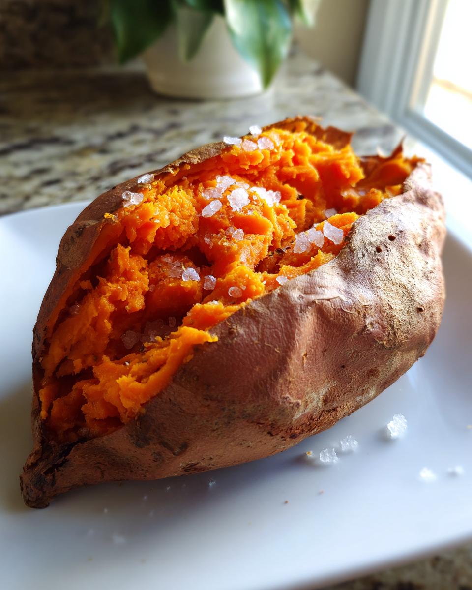 A close-up of a fluffy baked sweet potato, split open and topped with coarse sea salt flakes.