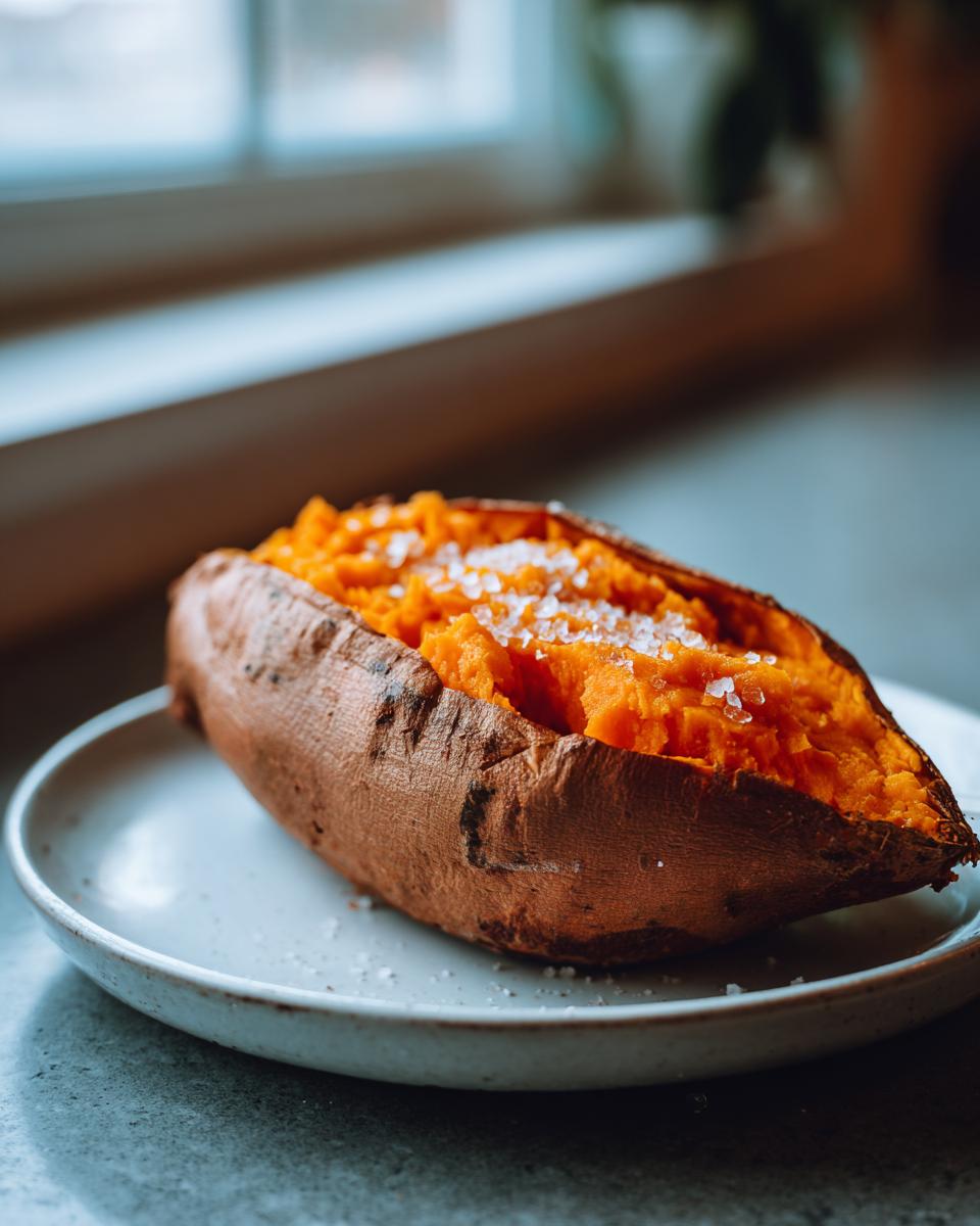 A fluffy baked sweet potato, split open and topped with coarse sea salt, resting on a small plate.
