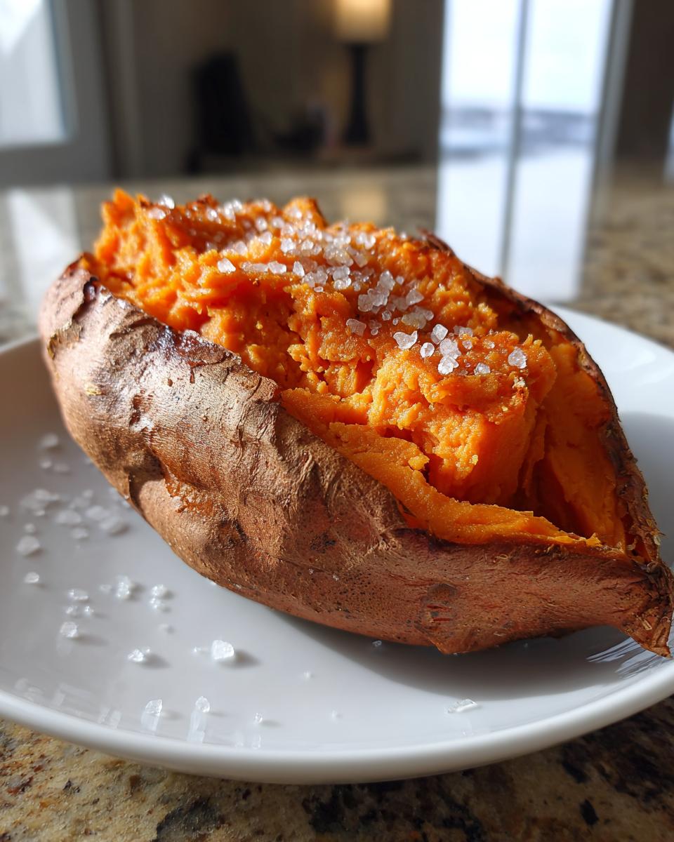 A fluffy baked sweet potato, split open and topped with coarse sea salt crystals.