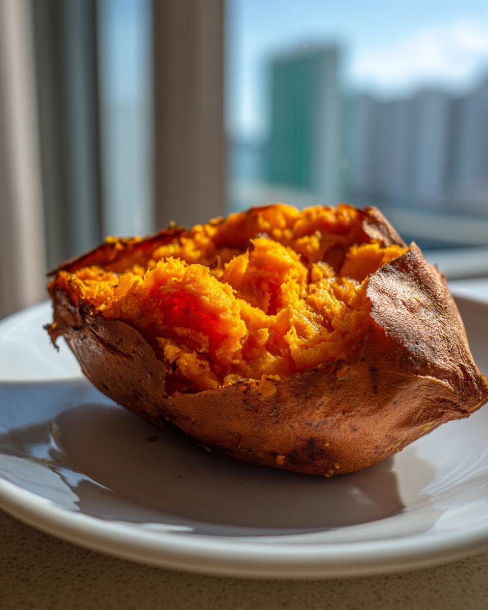 Close-up of a perfectly baked sweet potatoes, split open to show the fluffy, bright orange interior.