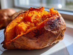 Close-up of a fluffy baked sweet potatoes, split open to show the bright orange interior and slightly charred skin.