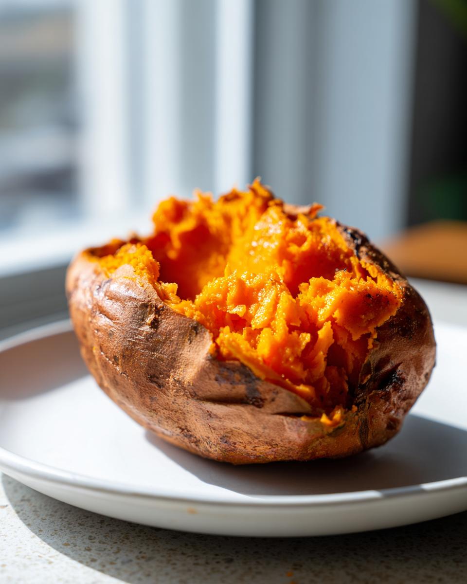 A perfectly baked sweet potato, split open to show the fluffy, bright orange interior.