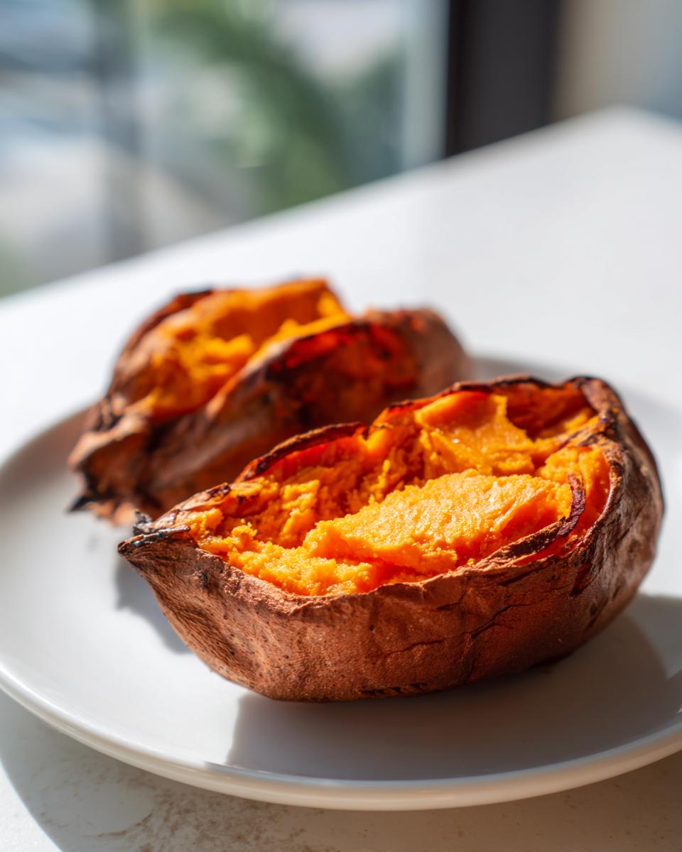 Close-up of fluffy baked sweet potatoes split open on a white plate, showing bright orange flesh.