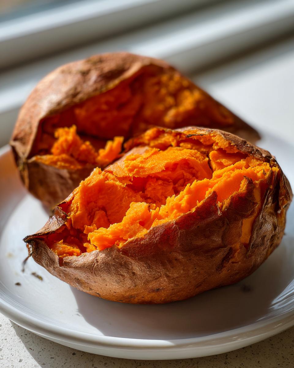 Close-up of fluffy baked sweet potatoes split open, showing bright orange flesh.