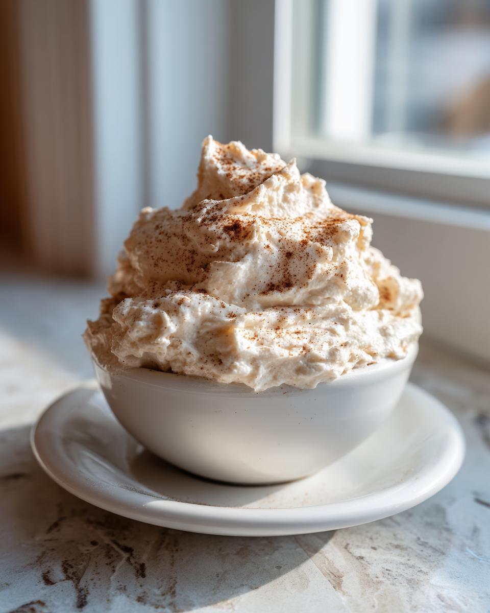 A generous mound of fluffy, whipped cinnamon butter dusted with spice, served in a small white bowl.