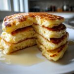 Close-up of a stack of incredibly fluffy pancakes cut in half, showing the airy interior, drizzled with syrup.