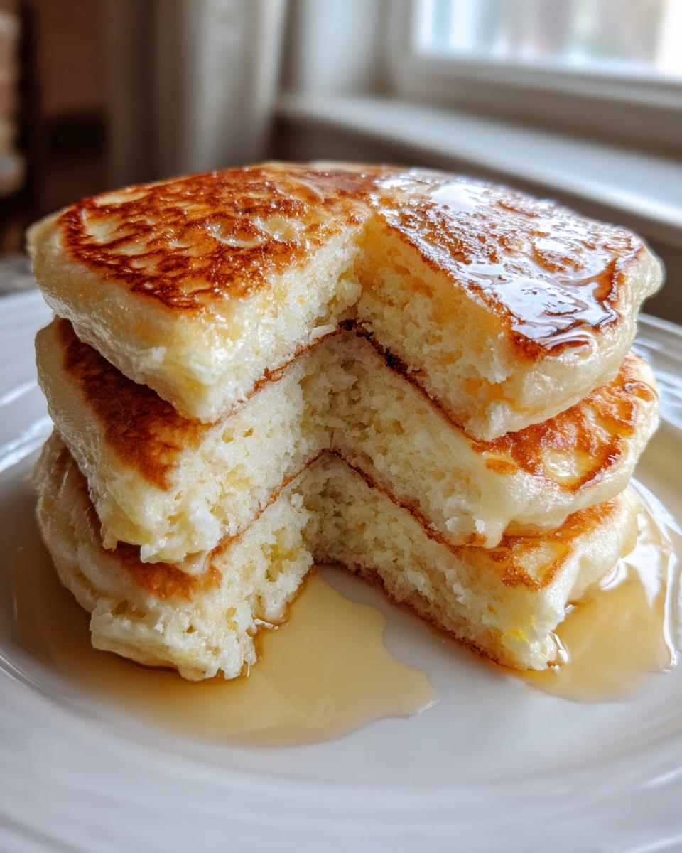 A stack of three thick, fluffy pancakes cut open to show the airy interior, drizzled generously with syrup.