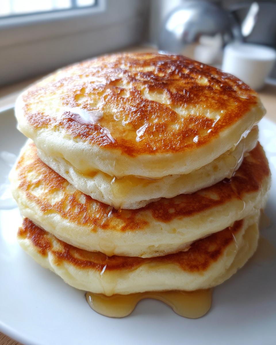 A tall stack of three golden brown, fluffy pancakes drizzled generously with maple syrup.