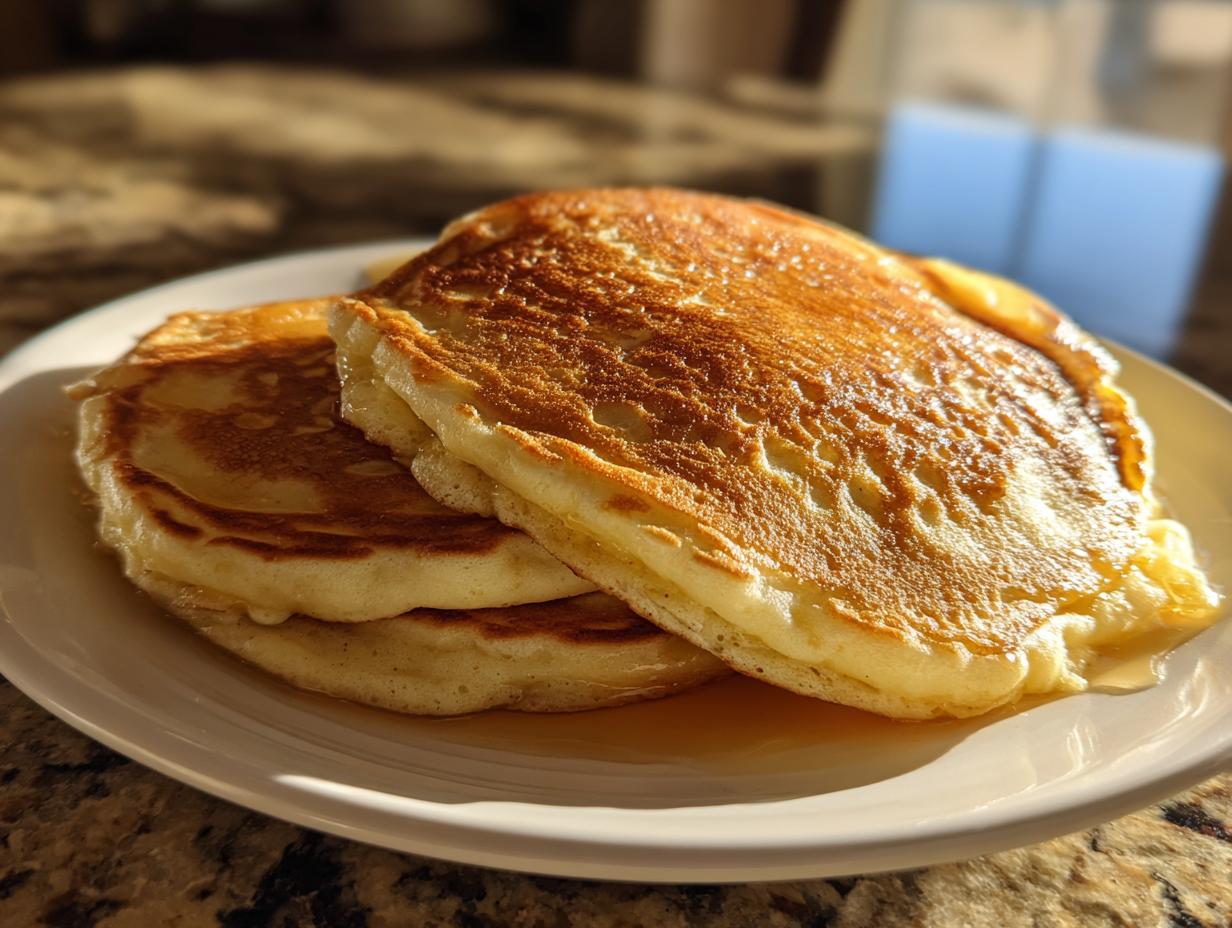 Close-up of a stack of three golden brown, very fluffy pancakes drizzled with syrup on a white plate.