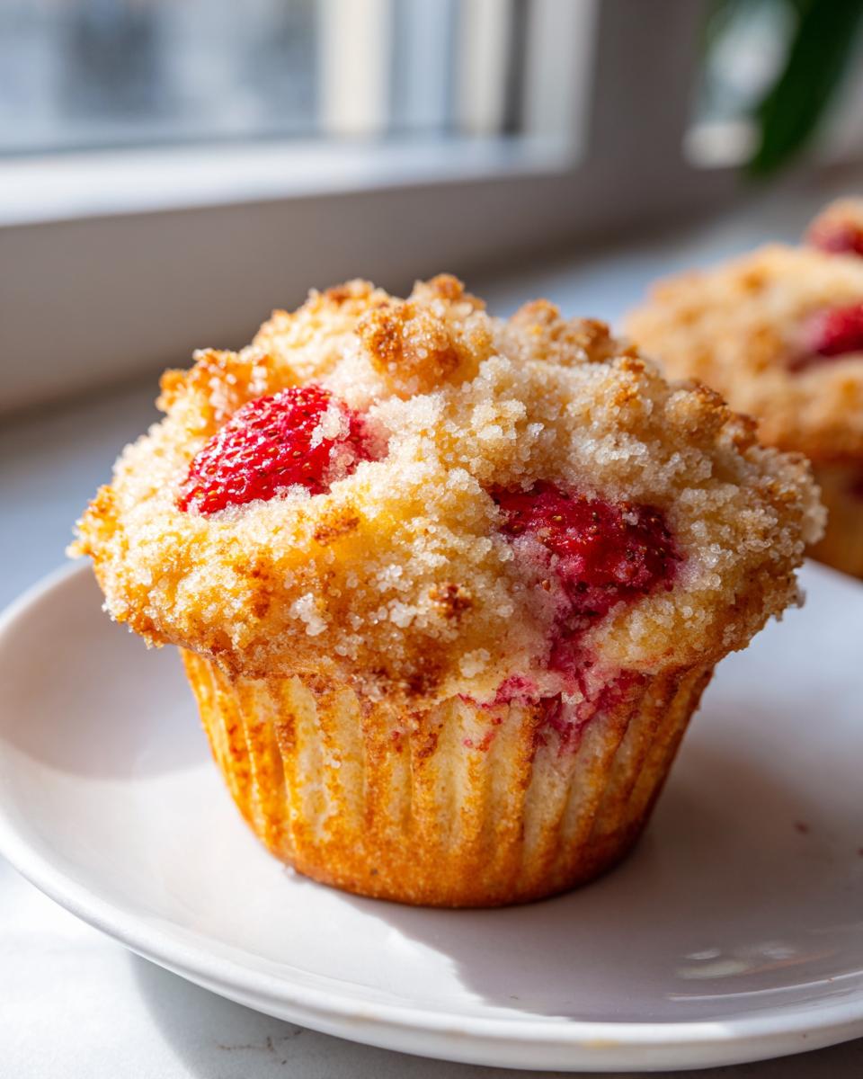 A close-up of a fluffy strawberry muffin topped with sweet streusel, sitting on a white plate.