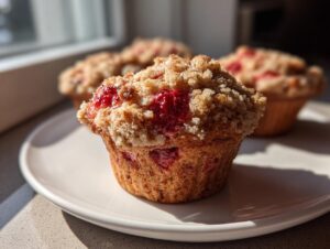 Close-up of a fluffy strawberry muffin topped with a generous brown sugar crumb topping, sitting on a white plate.