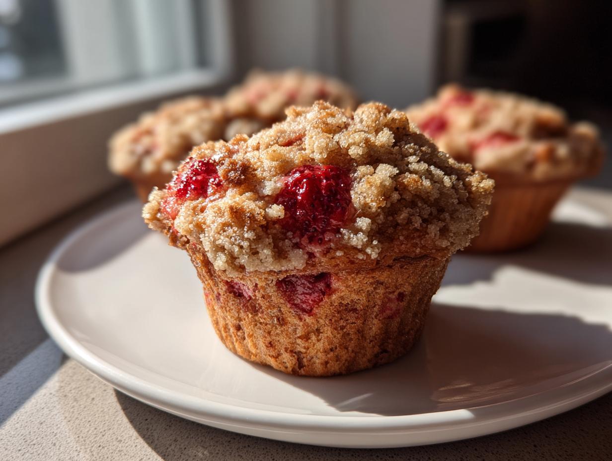 Close-up of a fluffy strawberry muffin topped with a generous brown sugar crumb topping, sitting on a white plate.