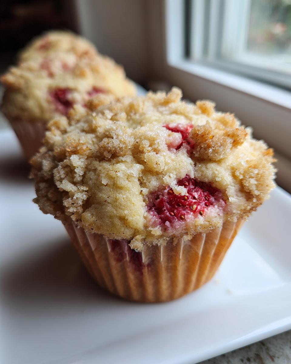 Close-up of a fluffy strawberry muffin topped with a sugary crumb topping, showing bright red strawberry pieces.