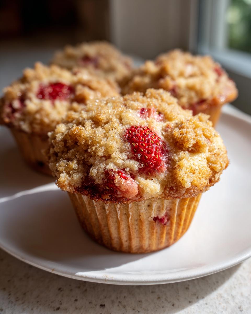 Close-up of a fluffy strawberry muffin topped with a sugary streusel and visible fresh strawberry pieces.