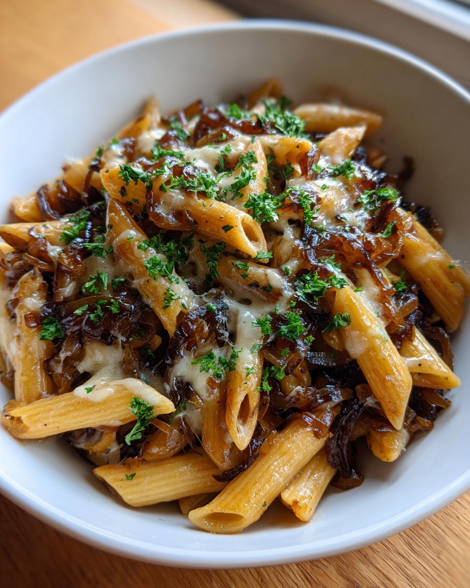 A close-up of a bowl of french onion pasta featuring penne, caramelized onions, melted cheese, and fresh parsley.