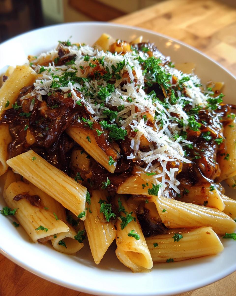 A close-up serving of rich french onion pasta featuring penne coated in caramelized onions, topped with grated Parmesan and fresh parsley.