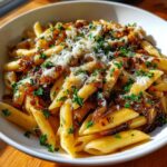 A close-up of a white bowl filled with penne french onion pasta, topped with caramelized onions, melted cheese, and fresh parsley.