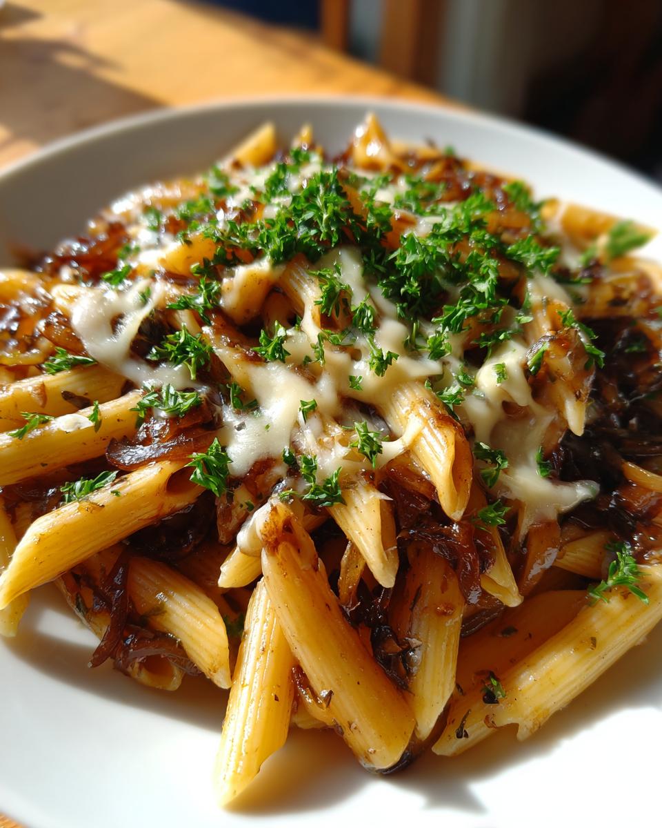Close-up of penne pasta tossed with caramelized onions, melted cheese, and fresh parsley, representing french onion pasta.