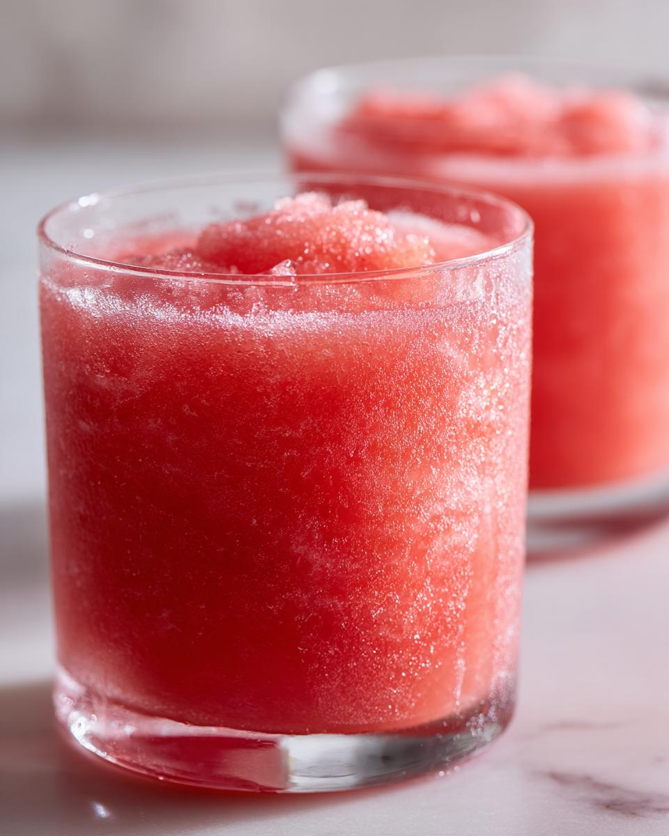 Close-up of a frosty glass filled with a bright red, slushy strawberry daiquiri mixture.