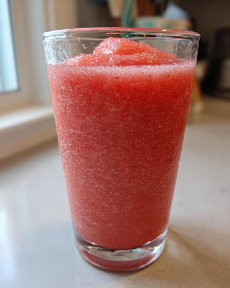Close-up of a tall glass filled with a thick, frozen strawberry daiquiri mixture.