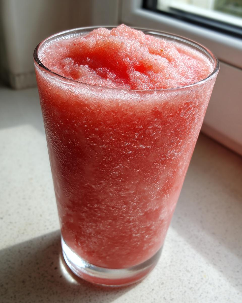 A tall glass filled with a bright red, icy, frozen strawberry daiquiri mixture, showing condensation on the glass.