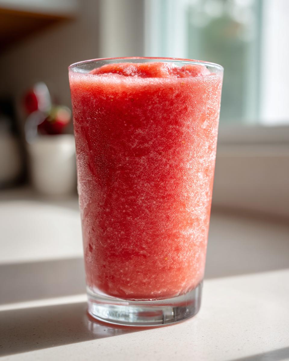 Close-up of a tall glass filled with a bright red, icy strawberry daiquiri mixture sitting on a sunlit countertop.
