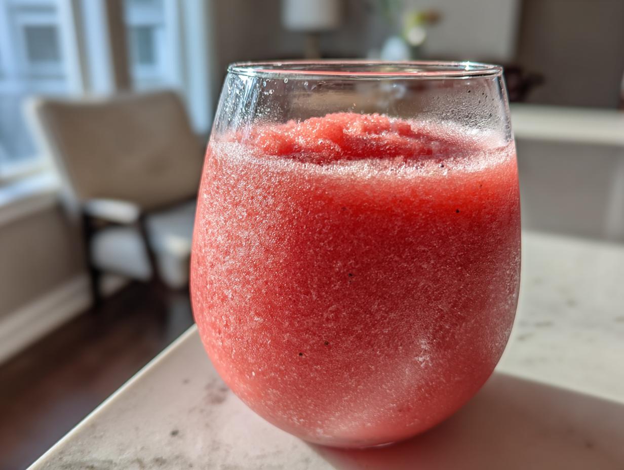 A close-up image of a frosty glass filled with a bright red, frozen strawberry daiquiri mixture.