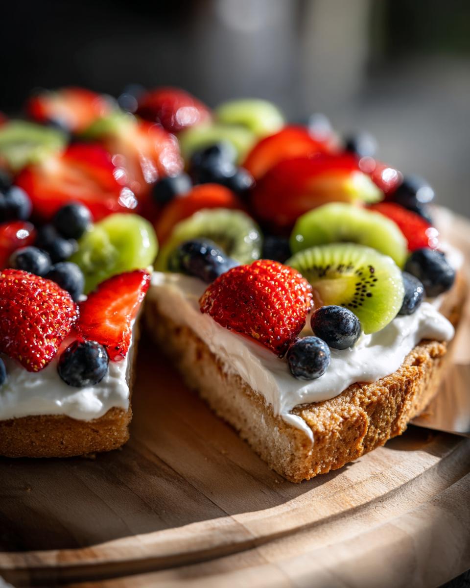 A slice cut from a vibrant fruit pizza sugar cookie topped with cream cheese frosting, strawberries, blueberries, and kiwi.