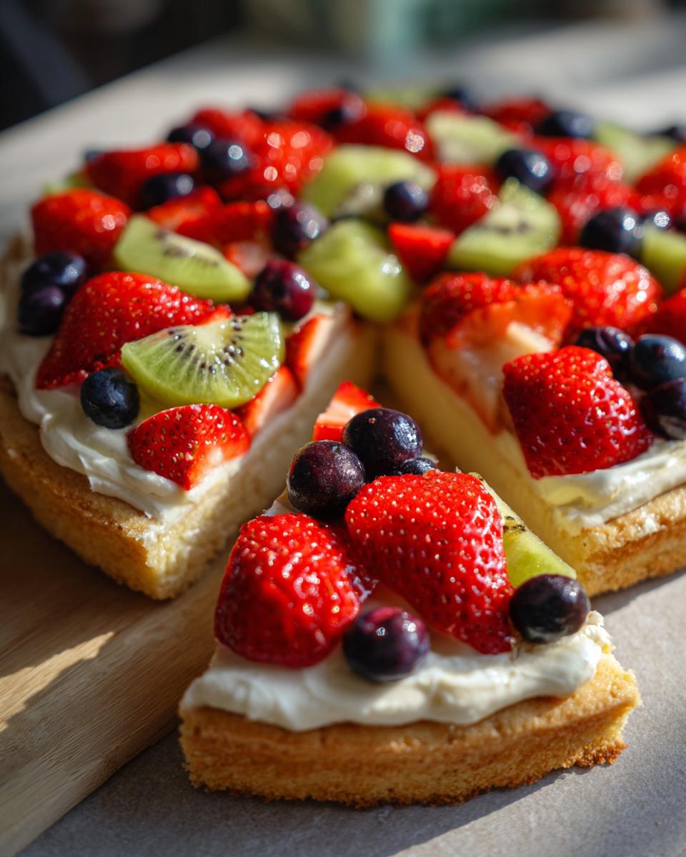 A close-up of a slice of fruit pizza sugar cookie topped with cream cheese frosting, strawberries, blueberries, and kiwi.
