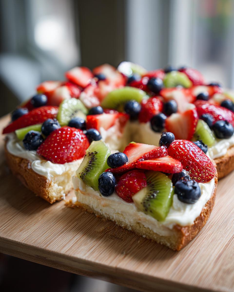 A slice cut from a fruit pizza sugar cookie topped with cream cheese frosting, strawberries, blueberries, and kiwi slices.