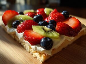 Close-up of a slice of fruit pizza sugar cookie topped with cream cheese frosting, strawberries, kiwi, and blueberries.